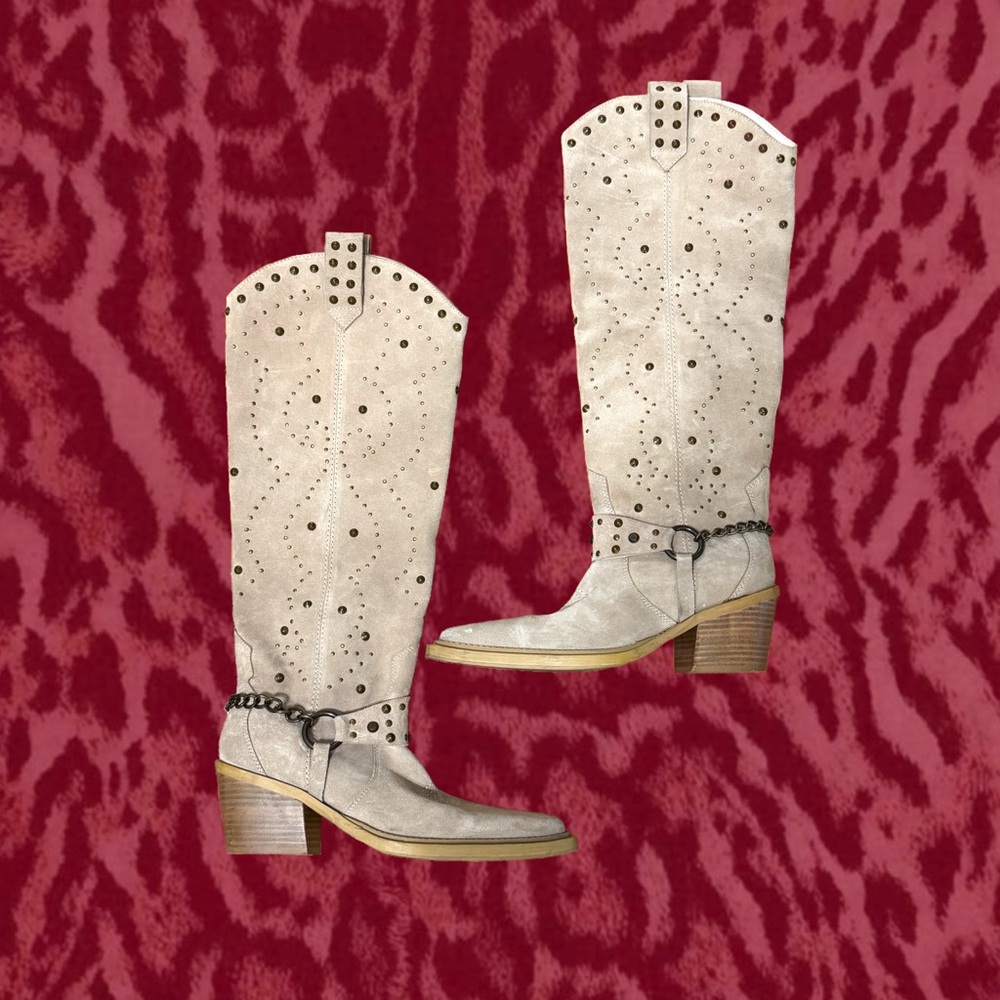 Suede Knee-High Heeled Cowgirl Boots with Studs